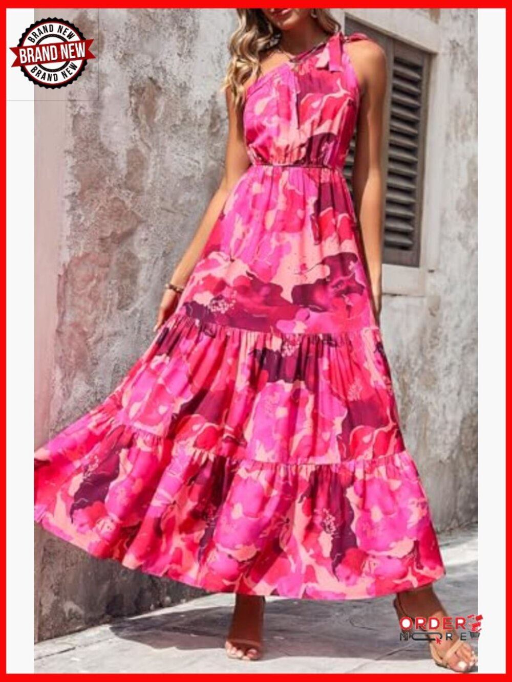 One Shoulder Floral Maxi Dress Ruffled Boho Beach Vacation Guest - Picture 4 of 7